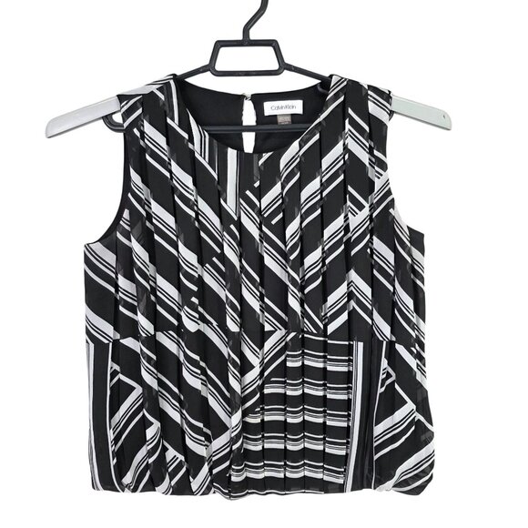 Womens Calvin Klein Black & White Sleeveless Striped Pleated Blouse Polyester S - Picture 1 of 8